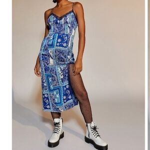 UO Audrey Blue Lace Midi Slip Dress